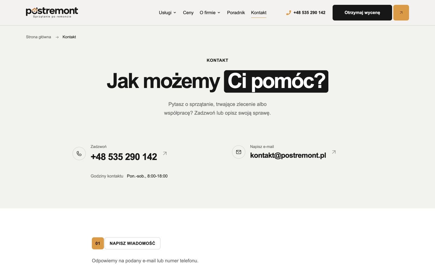 Widok kontaktu i zapytania o wycenę na stronie Postremont.